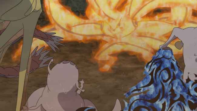 Naruto e o avatar completo de chakra da Kurama enfrentando outras bestas com cauda