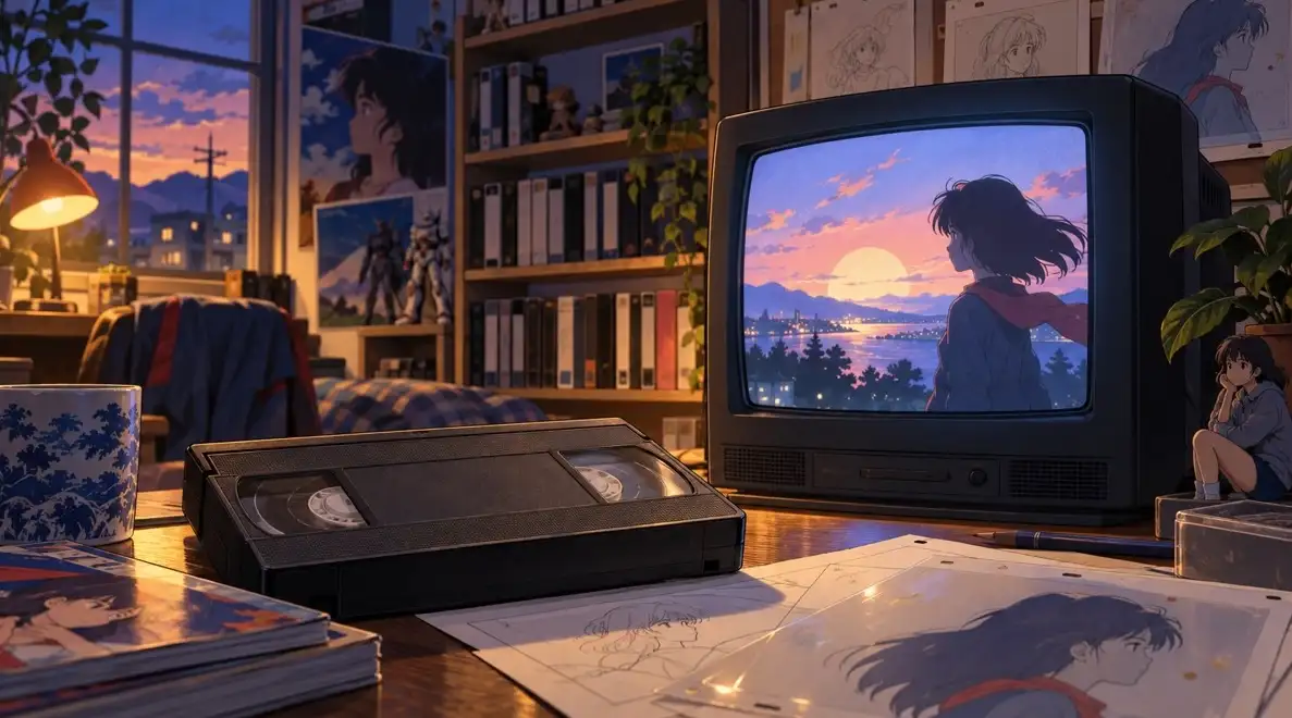 Fita de vídeo diante de uma televisão com uma animação original em uma sala acolhedora
