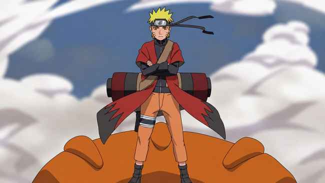 Naruto em Modo Sábio com o manto vermelho durante a luta contra Pain