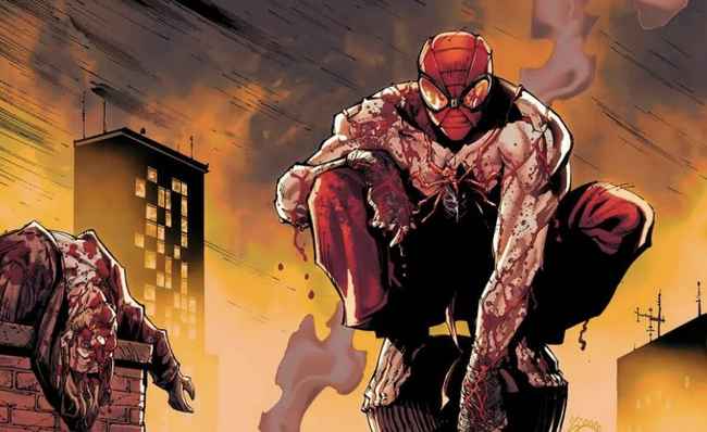 Homem Aranha em uma versão monstruosa, cercado por tons vermelhos